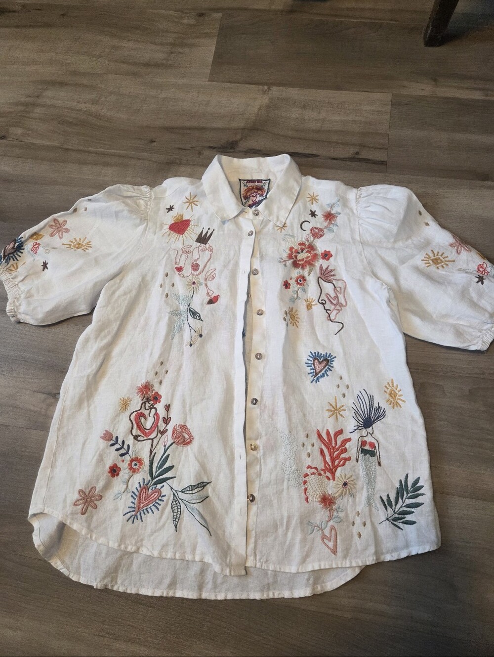 Johnny Was White Embroidered Floral Button-Down Top